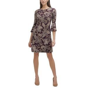 TOMMY HILFIGER Womens Purple Gold Paisley Dress Size 12 Knee Length Office Party